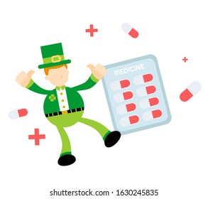 leprechaun shamrock celtic and drug health medic industry cartoon doodle flat design style vector illustration