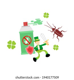 leprechaun shamrock celtic erradicar cucaracha insecticida insecticida caricatura doodle diseño plano estilo vectorial ilustración