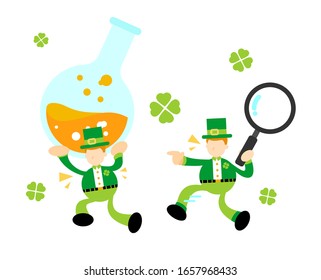 leprechaun shamrock celtic and experiment laboratory flask research science cartoon doodle flat design style vector illustration