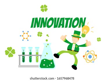 leprechaun shamrock celtic and experiment laboratory research innovation science cartoon doodle flat design style vector illustration