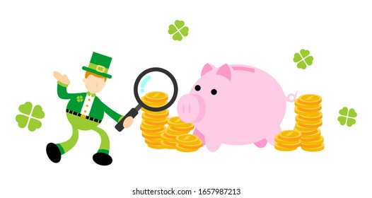 leprechaun shamrock celtic pick pig bank money dollar economy cartoon doodle flat design style vector illustration