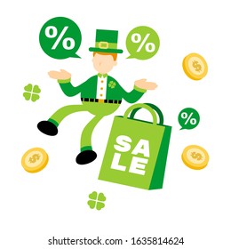 leprechaun shamrock celtic and special sale shop bag cartoon doodle flat design style vector illustration