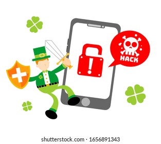 leprechaun shamrock celtic stop hack protection system cartoon doodle flat design style vector illustration