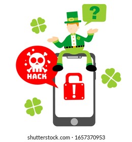 leprechaun shamrock celtic stop hack protection system cartoon doodle flat design style vector illustration