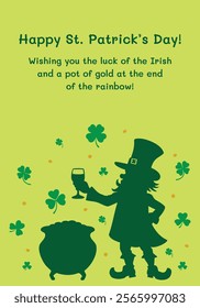 Leprechaun and shamrock St. Patrick's Day card with a festive message