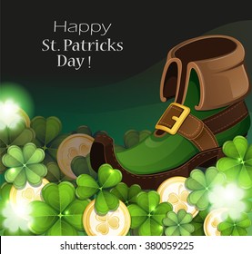 Leprechaun shoe with gold coins and magic clover. St. Patrick's Day background.