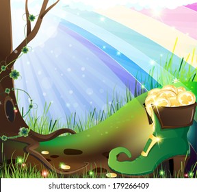 Leprechaun shoe with gold coins near a tree in the meadow