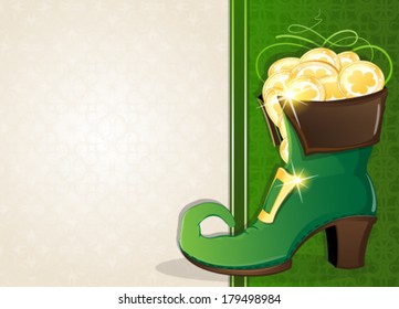 Leprechaun shoe with gold coins on vintage green and beige background. St. Patrick's Day abstract background