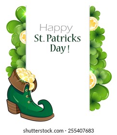 Leprechaun shoe with gold coins on clover background with place for text.   St. Patrick's Day background.