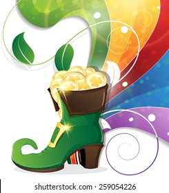 Leprechaun shoe with gold coins on rainbow background. St. Patrick's Day background.