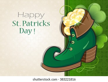 Leprechaun shoe with gold coins on vintage green and beige background. St. Patrick's Day abstract background