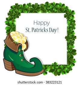 Leprechaun shoe with gold coins on clover background. St. Patrick's Day abstract background.