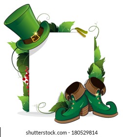 Leprechaun shoe and  hat with leaves and paper scroll on white background. St. Patrick's Day invitation