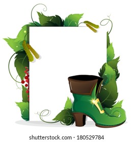 Leprechaun shoe  with leaves and paper scroll on white background. St. Patrick's Day invitation