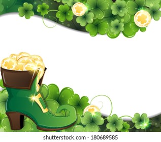 Leprechaun shoe on clover and gold coins. St. Patrick's Day background.