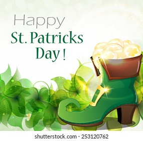 Leprechaun shoe on clover and gold coins. St. Patrick's Day background.
