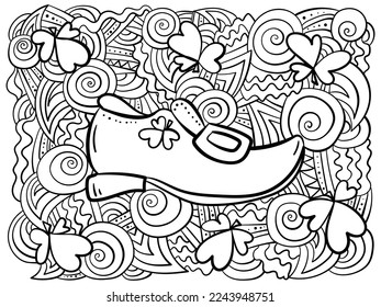 Leprechaun shoe with shamrock clover for good luck and fantasy pattern lines, antistress St. Patrick's day coloring page vector illustration