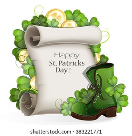 Leprechaun shoes, gold coins and paper scroll with clover on a white background. St. Patrick's Day symbols.