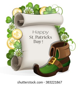 Leprechaun shoes, gold coins and paper scroll with clover on a white background. St. Patrick's Day symbols.