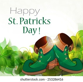 Leprechaun shoes on clover background. St. Patrick's Day background.