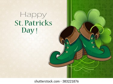 Leprechaun shoes on vintage green and beige background. St. Patrick's Day abstract background