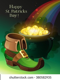 Leprechaun shoes, pot with gold coins and rainbow on green background. St. Patrick's Day background.
