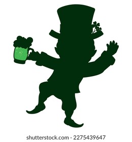 Leprechaun silhouette with waving gesture, top hat with shamrock and holding a green beer mug for Saint Patrick's Day