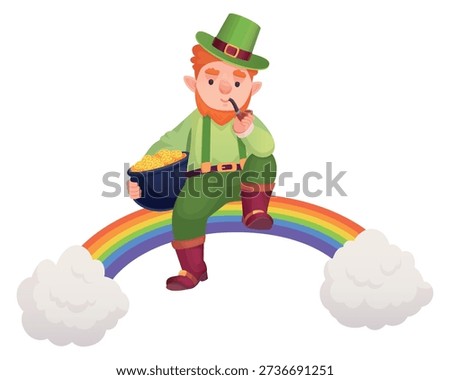 Leprechaun sit on rainbow with golden pot. Irish myth treasure