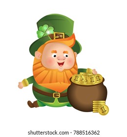 The leprechaun sits on the back of a large pot filled with gold coins. St.Patrick's Day. Cute vector character, isolated on white background