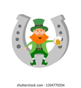 Leprechaun sits on a horseshoe. Saint Patrick's Day concept. Vector illustration.