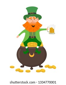 Leprechaun sits on pot of gold with glass of beer. Saint Patrick's Day concept. Vector illustration