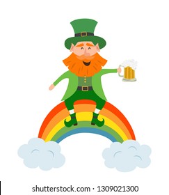 Leprechaun sits on a rainbow with a glass of beer. Saint Patrick's Day concept. Vector illustration.