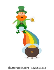 Leprechaun sits on a rainbow with a glass of beer. Saint Patrick's Day concept. Vector illustration
