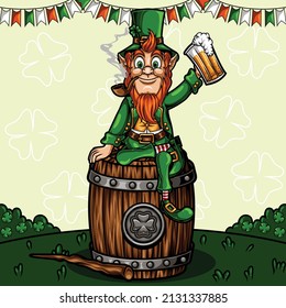 leprechaun sitting on a barrel of beer vector illustration