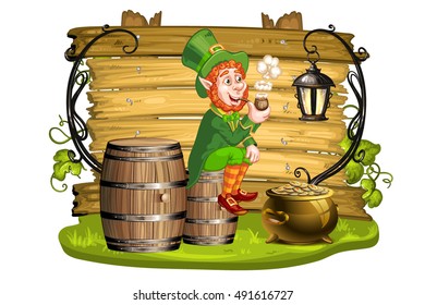 Leprechaun sitting on barrels and holding a pipe