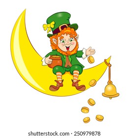 Leprechaun sitting on the moon and scatters coins from the pot.