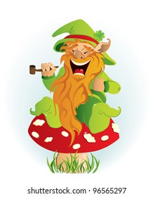 Leprechaun sitting on the mushroom, vector