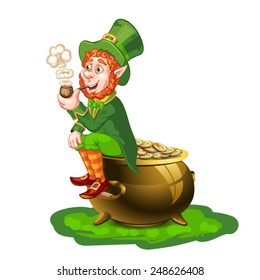 Leprechaun sitting on a pot of gold and holding a pipe