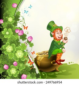 Leprechaun sitting on a pot of gold and holding a pipe
