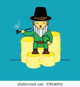Leprechaun Sitting on sitting on stack of gold coin.