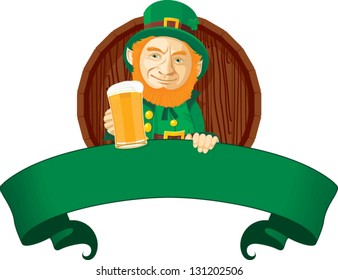 Leprechaun is sitting over a blank banner with a wooden beer keg background.