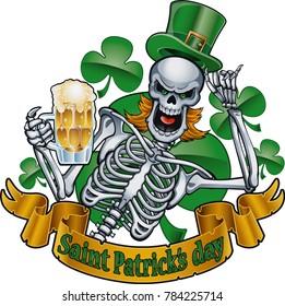 Leprechaun Skeleton With Top Hat And Beer