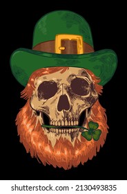 Calavera de Leprechaun. Colorida ilustración del cráneo de cabeza roja en sombrero superior con hoja de shamrock en dientes aislados. Ilustración vectorial del carácter del día de San Patricio.