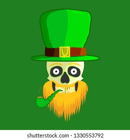 Leprechaun skull in a hat, smoking a pipe on a green background with an orange beard. Attributes to the day of St. Patrick. Vector illustration.