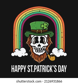 leprechaun skull illustration with rainbow behind on black background