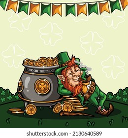 leprechaun sleeping beside a pot of gold coins vector illustration