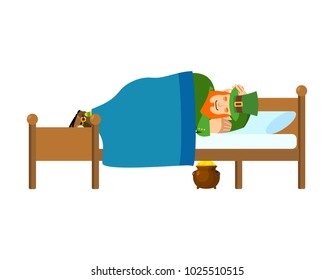 Leprechaun sleeps on bed. pot of gold. dwarf for St.Patricks Day. national irish holiday
