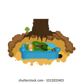 Leprechaun sleeps on couch in hole under ground. Lair of Gnome. dwarf for St.Patricks Day. national irish holiday
