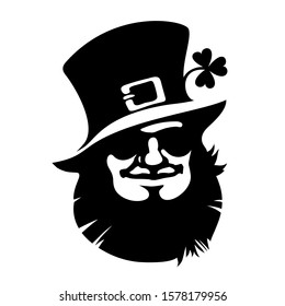 Leprechaun smiling face icon with hat, sunglasses and clover.Saint Patrick's Day logo. Hand drawn black vector illustration isolated on white background.