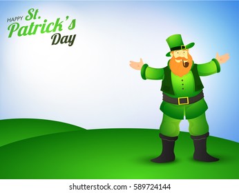 Leprechaun with smoke pipe standing on nature background for Happy St. Patrick's Day celebration.